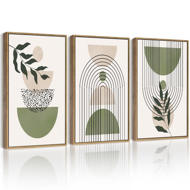 Drsoum Green Botanical Boho Wall Art Framed Modern Sage Bohemian Wall Decor Abstract Geometry Lines Prints Ready to Hang 11x14in Natural Framed