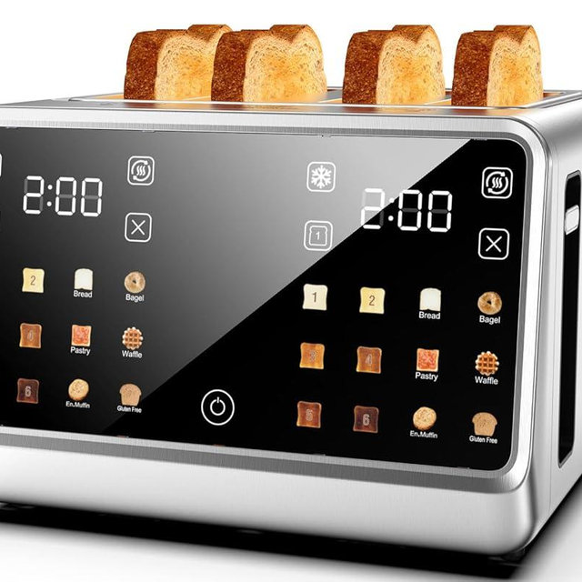 Smart Toaster 4 Slice Wide Slot– Dual Digital TouchScreen & Independent Control for Family | 1800W Stainless Steel for 6 Bread Types & Toast Settings | Defrost Reheat & Single-Slice Modes