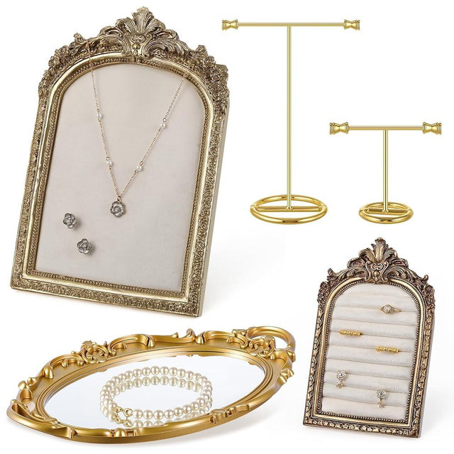 Wonderjune 5pcs Gold Vintage Jewelry Display Set for Selling 1 Velvet Jewelry Frame 1 Ring Holder 1 Mirror Tray 2 Earring Stands Necklace Organizer Photography Props for Gifts Wedding Decor Women