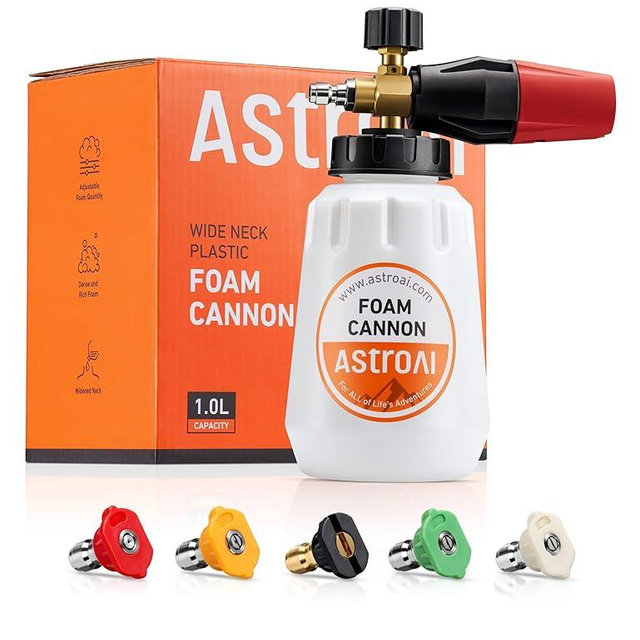 AstroAI Foam Cannon, Heavy Duty Car Foam Blaster Wide Neck Adjustable Snow Foam Lance and Thick Foam for Pressure Washer with 1/4" Quick Connector,1L Bottle & 5 Nozzles