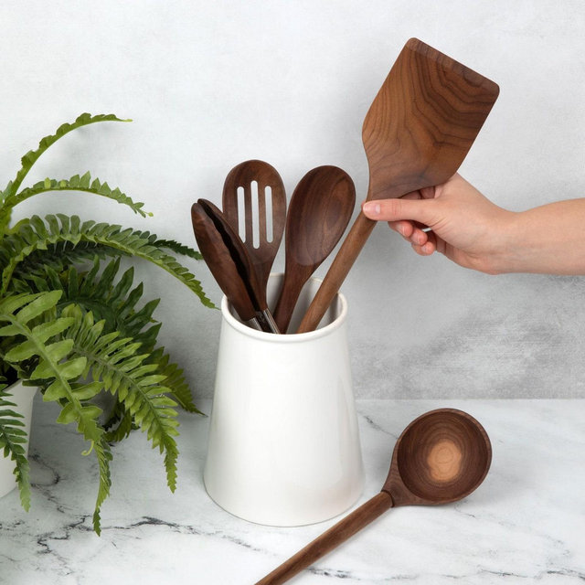 Handmade Walnut Wood Utensil Set: Kitchen Spoons, Tongs, Ladle