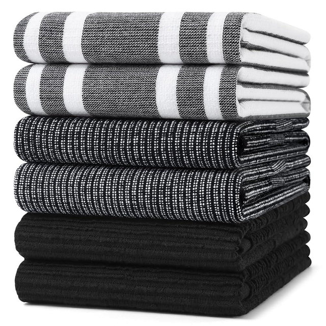 Homaxy Premium Kitchen Towels(18”x 28”, 6 Pack), Large Cotton 380 GSM Kitchen Hand Towels, Soft and Absorbent Terry Dish Towels, Multipurpose Tea Towel Set with Hanging Loop, Black