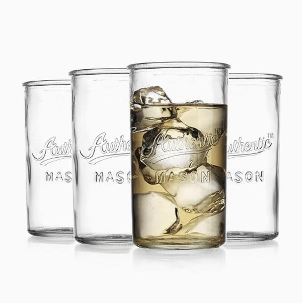 Set of 4 Authentic Mason Vintage Glassware – Clear Glass Tumblers for Cocktails, Water, Juice – Embossed Vintage Drinking Glasses (Highball 18 oz 7983)