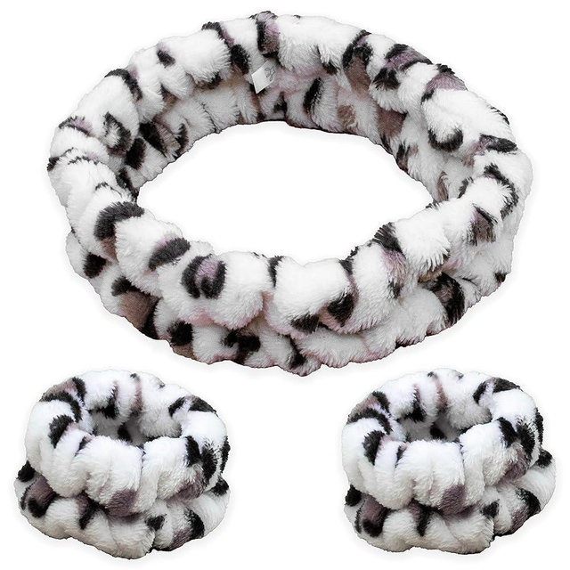 FROG SAC Puffy Spa Headband and Wristbands for Face Washing, Fuzzy Skincare Headbands for Women, Soft Makeup Skin Care Hair Accessories for Girls, Make Up Hair Band (Leopard)