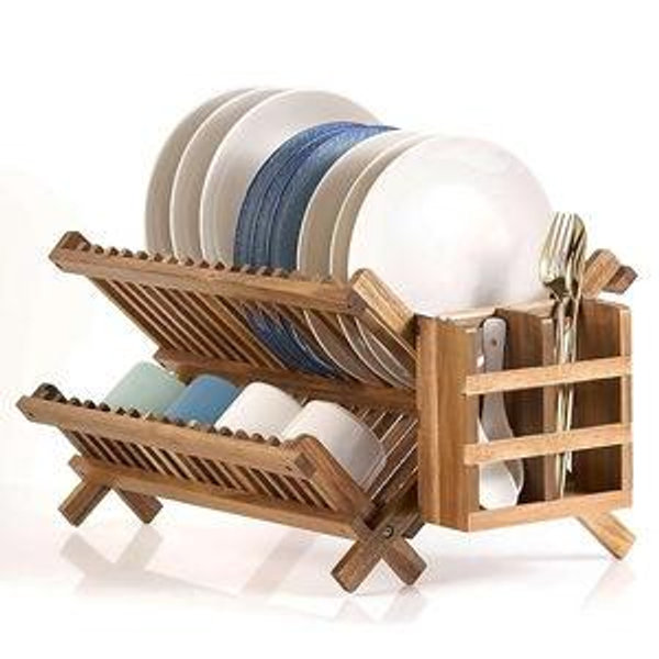 Acacia Wooden Dish Drying Rack for Kitchen Counter 2-Tier Collapsible Bmaboo Dish Drying Rack with Utensil Holder-Large Folding Dish Drainer Rack with Flatware Holder 34 pcs Grid
