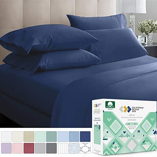 600 Thread Count Best 100% Cotton Sheets – True Blue Extra Long-staple Cotton Queen Sheet For Bed, Fits Mattress 16'' Deep Pocket, Breathable & Silky Sateen Weave 4 Piece Sheets and Pillowcases