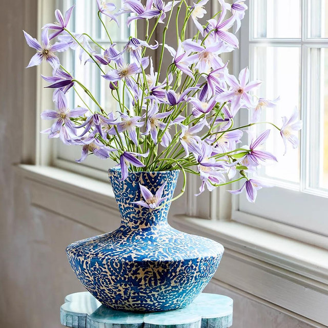 Patterned Papier Mache Vase, Blue Wide