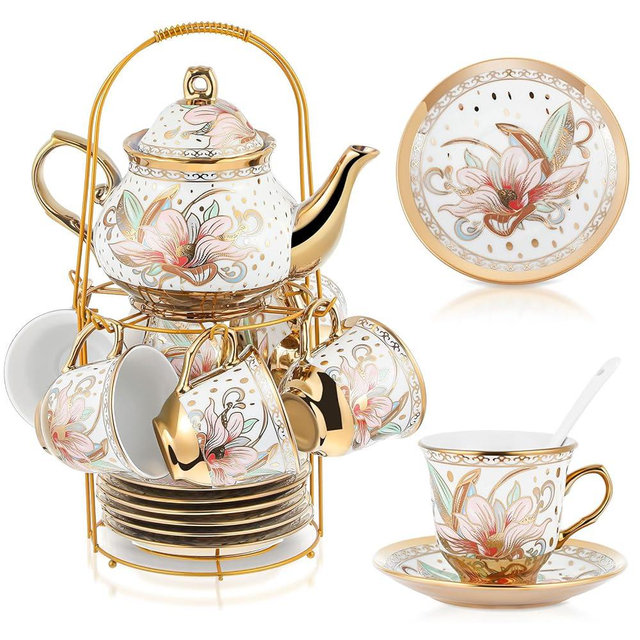 Zhehao 20 Pcs Porcelain Tea Set with Metal Holder and Spoon Adult Ceramic Tea Party Set European Flower Painting Teapot Cup Saucer Spoon Set for Women, Large Version(Traditional Style)
