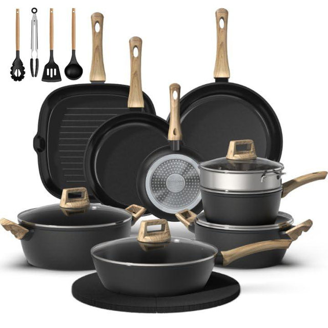Bazova 23-Piece Pots and Pans Set Non Stick,Titanium Ceramic Cookware Set Non Toxic,Long-Lasting,PFAS Free,Induction Compatible,Complete Kitchen Set with 3 Frying Pans for All Cooking needs