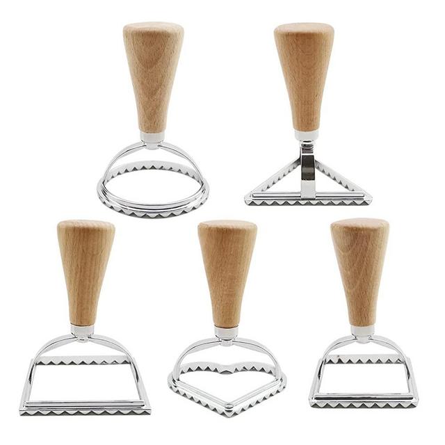 FOXWELKING Ravioli Stamp Set,Pasta Maker Mold,Ravioli Maker Cutter Stamp, 5 Ravioli Stamp Maker Mold with Wooden Handle and Fluted Edge Pasta Press Kitchen Attachment