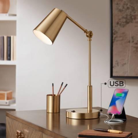 Sully Warm Brass Desk Lamp with Double USB Ports
