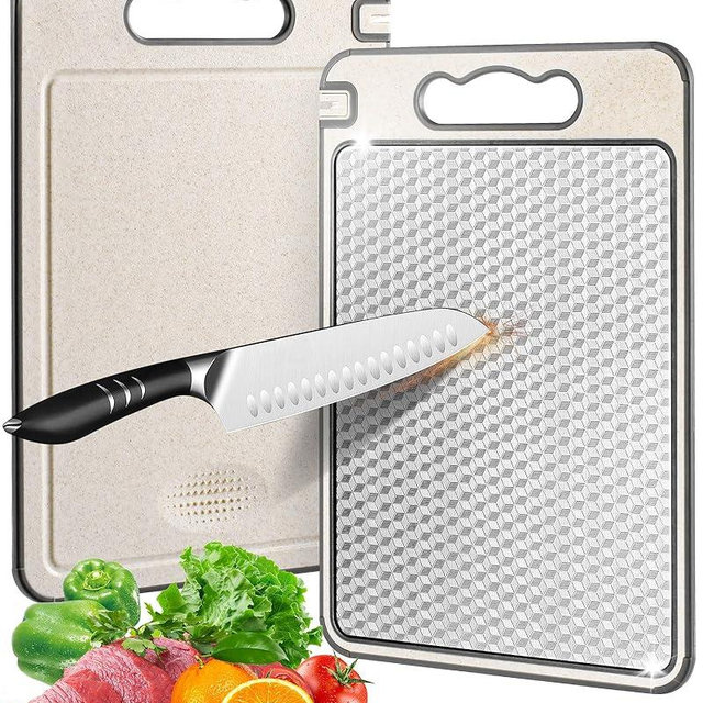 Stainless Steel Cutting Board for Kitchen, Double Sided Non-slip Scratch-resistant Mesh Design with Juice Groove Food-Grade Wheat Straw PP Large Chopping Board（15×10 In）Easy to Clean ﻿