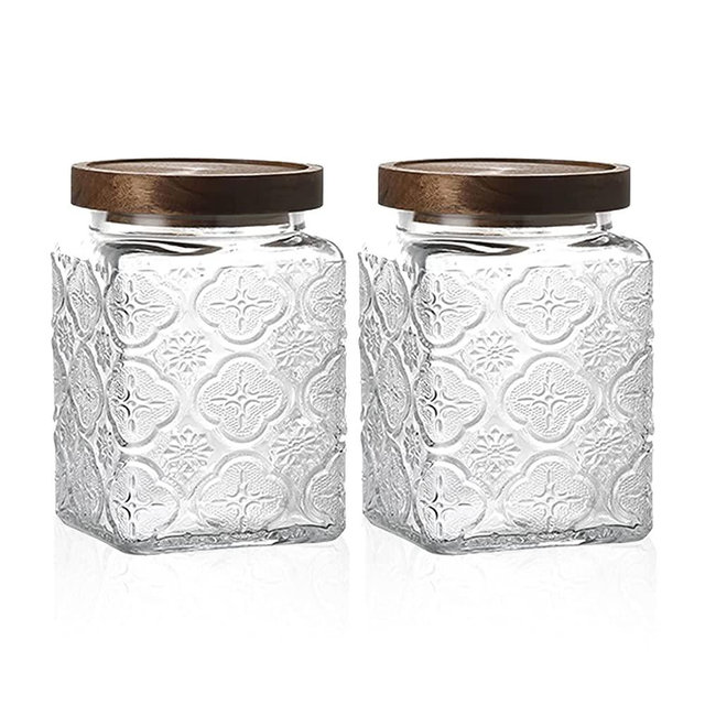 Snminetal Vintage Glass Airtight Storage Jar Set of 2, With Airtight Wood Lid, Kitchen Food Storage Containers,for Kitchen Counter, Pantry, Tea, Sugar, Coffee Tea Beans,Flour,Food Storage Jar(Plum pattern)