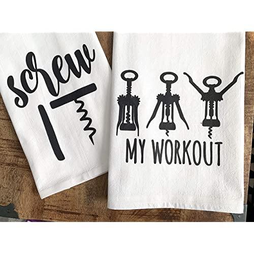 Funny Kitchen Towel Wine Workout and Screw It Flour Sack Towel - Hostess Housewarming Gift SET of 2