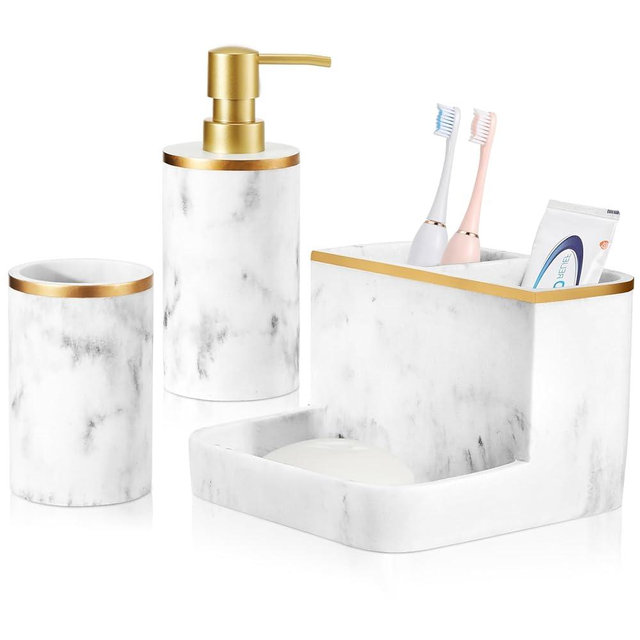 Shinowa Bathroom Accessories Set, Marble Look Toothbrush Holder and Soap Dispenser Set, Bathroom Countertop Décor Sets with Lotion Dispenser Soap Pump, Tumbler, Bathroom Organizer Accessories