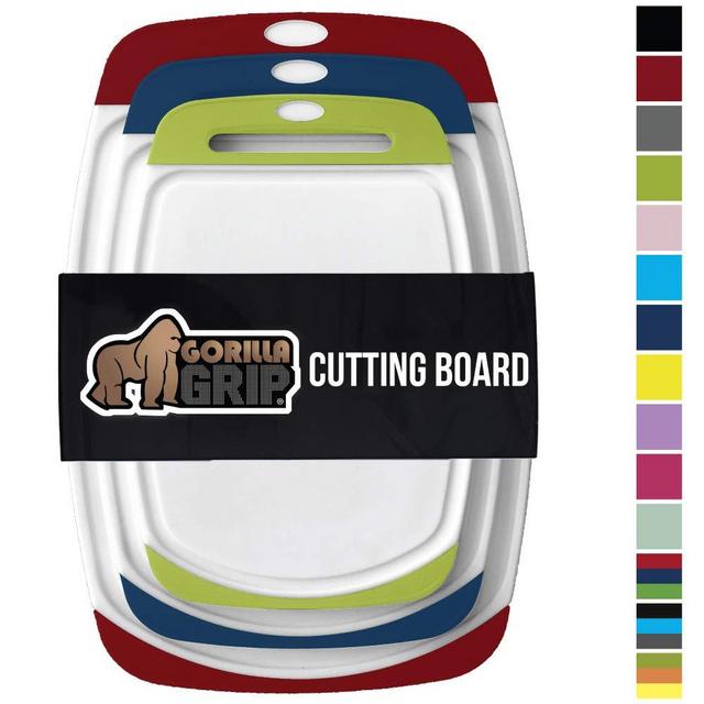 Gorilla Grip Original Oversized Cutting Board, 3 Piece, BPA Free, Dishwasher Safe, Juice Grooves, Larger Thicker Boards, Easy Grip Handle, Non Porous, Extra Large, Set of 3, Red, Blue, Lime Green