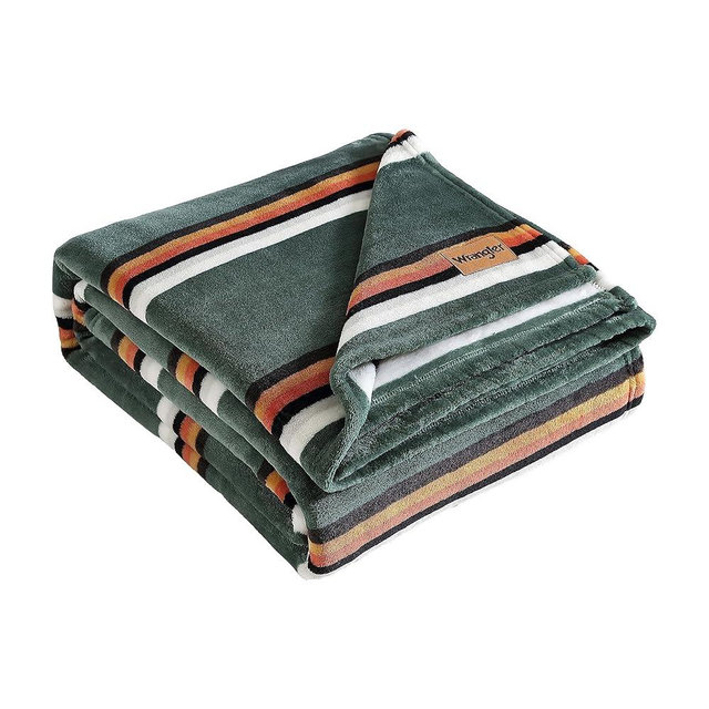 Wrangler - Queen Blanket, Ultra Soft Plush Fleece Bedding, Cozy Home Decor for Bed or Couch (Western Saddle Stripe Green, Queen)