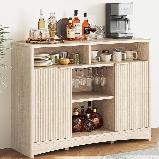 Marsail 47.2" Bar Cabinets with Storage, Modern Buffet Cabinet, Large Sideboard with 2 Fluted Panel Doors, Coffee Bar Cabinet with Adjustable Shelf and Glass Rack for Kitchen, Living Room, Natural Oak
