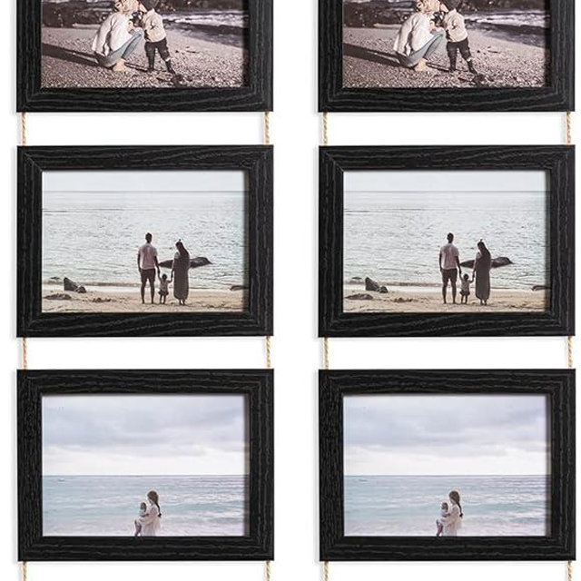 eletecpro 5x7 Hanging Picture Frames, 2 Pack Wall Picture Frames with Real Glass, Folding Picture Frame Displays 4 Photos for Wall Decor, Black