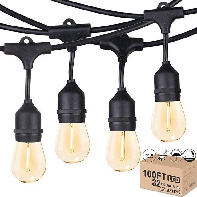 Outdoor String Lights LED 100FT Heavy-Duty Patio Lights String with 32 Dimmable Shatterproof Plastic Bulbs for Gazebo Pergola Bistro Lights Linkable