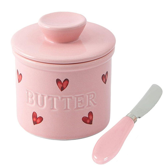 YumiPLUS Ceramic Butter Crock with Spreader Knife, Cute French Butter Dish with Lid, Porcelain Butter Keeper for countertop, Round Butter Container, Butter Jar for Kitchen (Pink Love, Standard)