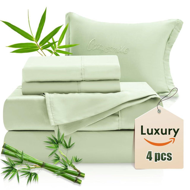 Luxury Sheets 100% Viscose Derived from Bamboo, 4pcs Cooling Sheet Set for Hot Sleeper, Queen Size Bedding, 16" Deep Pocket, Mint Green