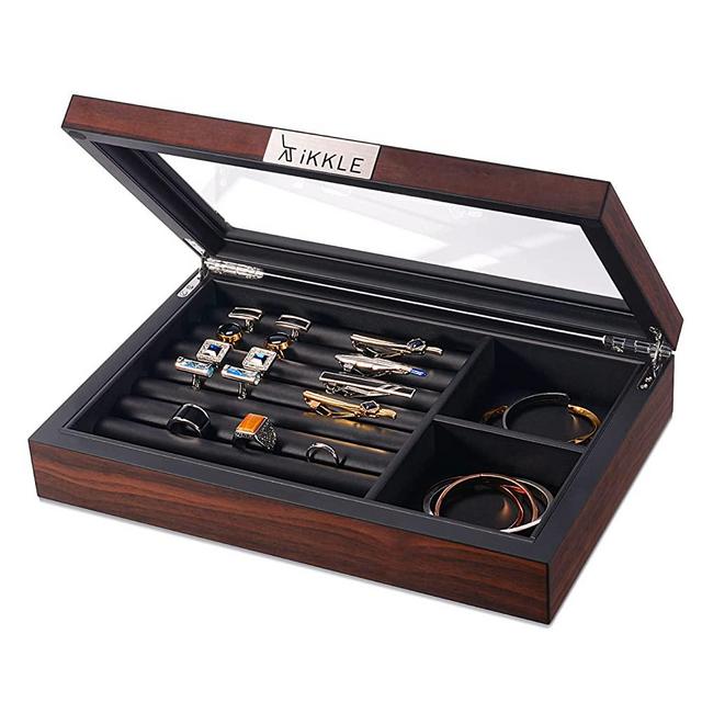 Jewelry Box for Men, Cufflink Box with Glass Window, Wood Ring Box Display Case for Various Rings Necklace Ear Studs and Bracelet