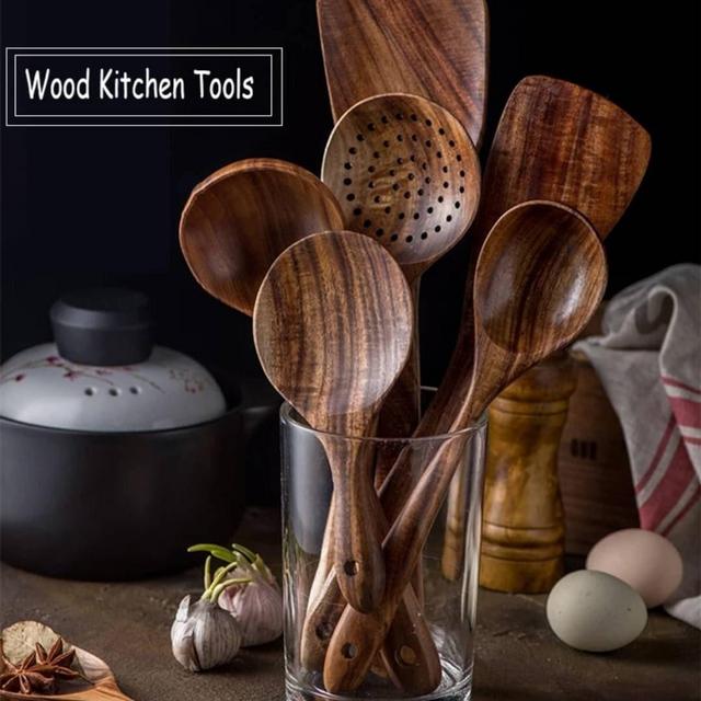 7 Piece Set Natural Teak Wood Cooking Utensils