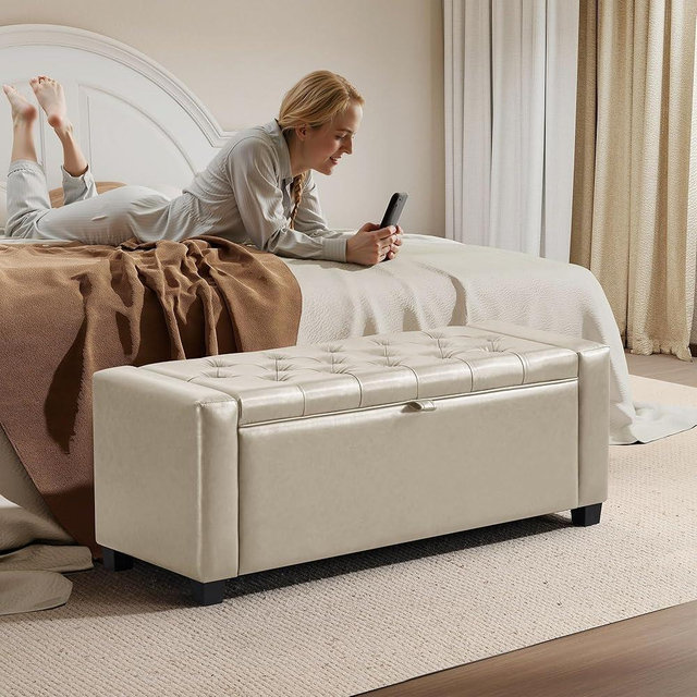 GRAINELL Storage Ottoman Bench, Upholstered Tufted Bedroom Bench with Storage, End of Bed Storage Bench for Living Room & Entryway, 350 lb Capacity, Leather Beige