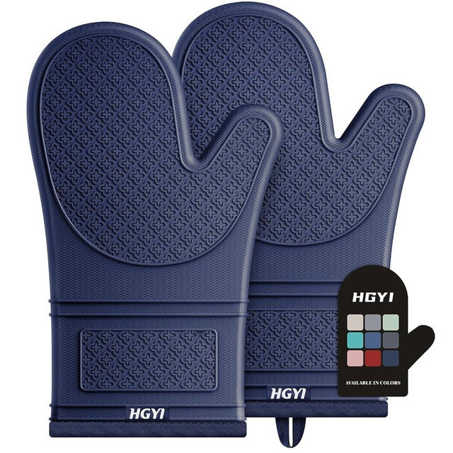 Silicone Oven Mitts, Heat Resistant Oven Gloves with Quilted Liner, Waterproof & Non-Slip Kitchen Mittens for Baking Cooking BBQ, 500°F, 12.5"-Ink Blue