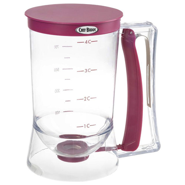 Pancake Batter Dispenser - 4-Cup Batter Dispenser with Squeeze Handle for Pancakes, Waffles, Muffins, and Crepes - Baking Tools by Chef Buddy (Purple)