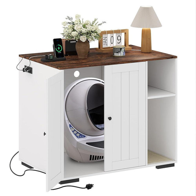ActiveTrail Large Robot 4 Litter Box Enclosure Cabinet with Built-in Power Outlet & Dog‑Proof Shelf, Automatic Self‑Cleaning Litterboxes Furniture for Litter Robot White