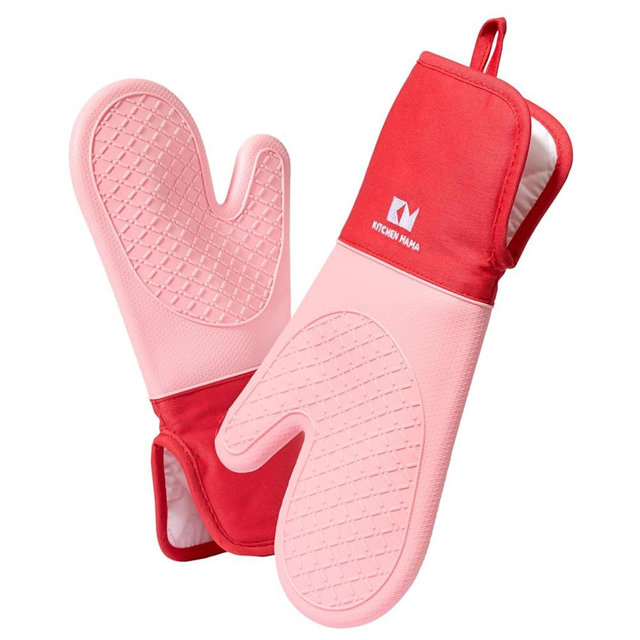 Kitchen Mama UltraShield Silicone Oven Mitts Heat Resistant – Non-Slip, Stain-Resistant, Silicone Cooking Mitts & Pot Holders for Baking, Grilling, Heat Resistant Cooking Gloves (Red and Pink)
