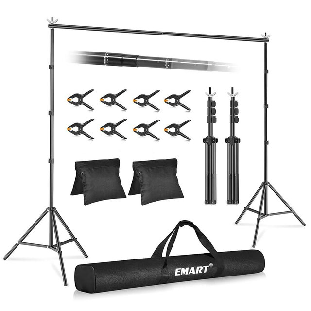 EMART Backdrop Stand 10x10ft(WxH) Photo Studio Adjustable Background Stand Support kit with 2 Crossbars, 8 Clamps, 2 Sandbags and Carry Bag for Parties, Events Decoration, Wedding, Photography