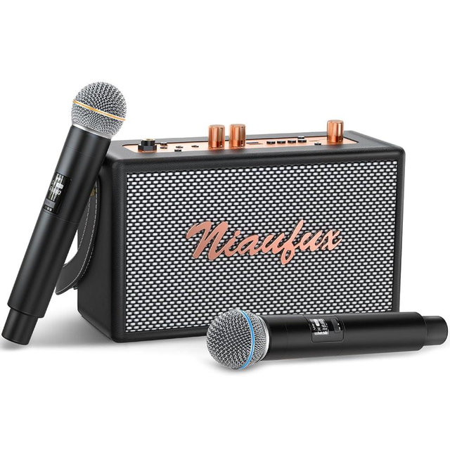 Retro Karaoke Machine with Two Wireless Microphones, Portable Bluetooth Speaker for Adults and Kids, Rechargeable PA System for Home Party, AUX/USB/TF/OTG Support, Vintage Decor Gifts