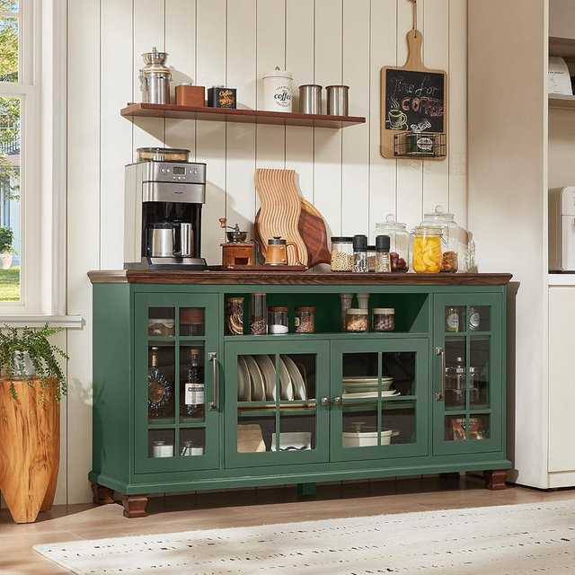 SAVOR LIFE Large Sideboard Buffet Cabinet with Storage, Vintage Green Farmhouse 60" Wide Credenza Accent Cabinets with Glass Doors & Wood Legs, Kitchen Coffee Bar Table for Dining Room, Living Room