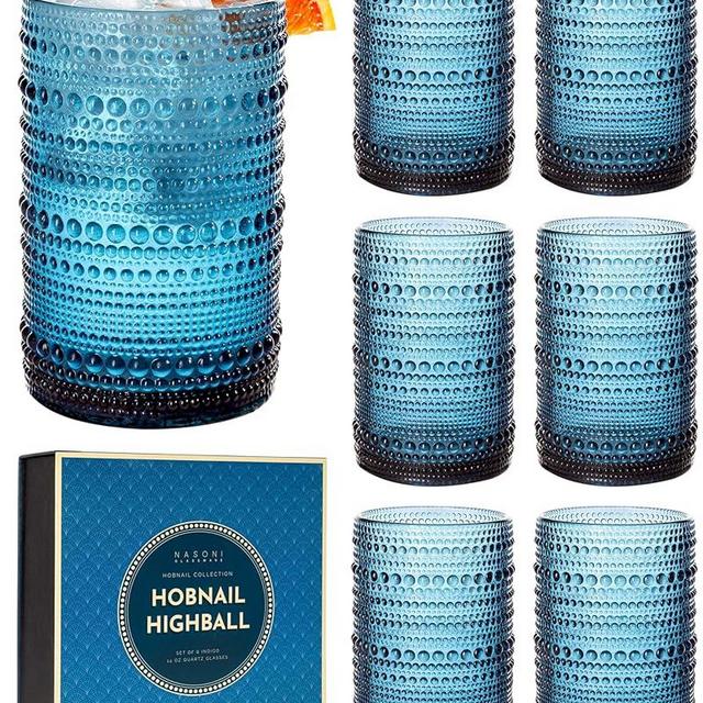 NASONI GLASSWARE 14 oz Hobnail Highball Glasses Set of 6 (Indigo) - Embossed Beaded Tumbler Vintage XL Drinkware Double Old Fashioned Glass for Beverages, Cocktails, Whisky, Juice, Water, Soda