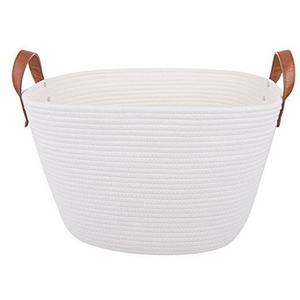 Extra Large Woven Rope Storage Basket with Leather Handles | 17.5"x15"x11.5"| Natural Cotton