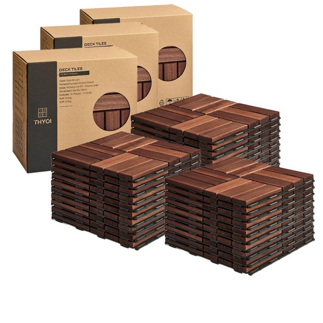 30 Pcs Interlocking Deck Tiles, Patio Flooring - Outdoor Waterproof Acacia Wood Tiles for All Weather Use - Balcony, Backyard, Indoor & Outdoor (Dark Brown, 30 Pcs - 36.3 Square ft)