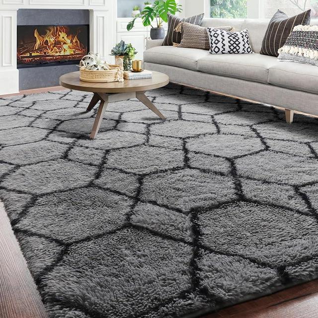 ONASAR 8x10 Grey and Black Rug, Large Boho Geometric Area Rugs for Living Room, Soft Fluffy Plush Neutral Carpet for Bedroom Classroom Playroom Room Decor Aesthetic, Shaggy Moroccan Floor Rug