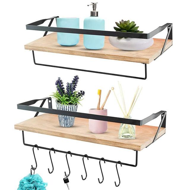 JS HANGER Floating Shelves Wall Mounted with 2 Tower Bars - Extra Wide Rustic Wood Shelves Storage Wall Shelves for Kitchen, Bathroom, Living Room and Bedroom with Removable Hooks - Set of 2 (Brown)