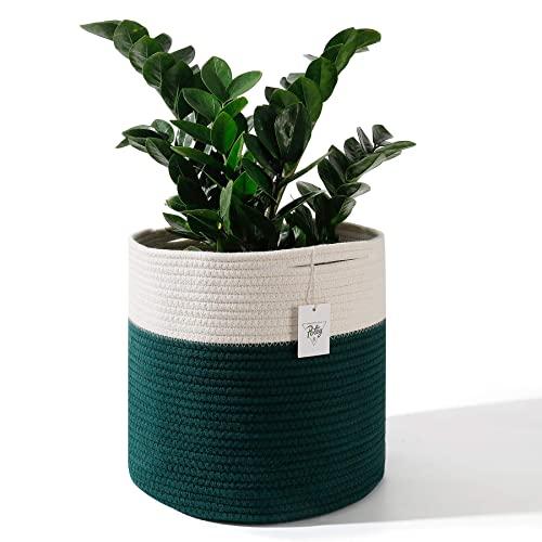 POTEY 701203 Cotton Rope Woven Plant Basket Modern Woven Basket for 11" Large Flower Pot Floor Indoor Planters,Storage Organizer Basket Rustic Home Decor, White Brown Stripes 12"x 12"