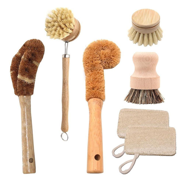 Haploon 7 Piece Wooden Dish Brush Natural,Bamboo Brush Kitchen Set Dish Cleaning Brush Pot Brush & Bottle Cleaner Beech Wood & Natural Bristles Bamboo Scrub Brush for Dishes Plastic Free