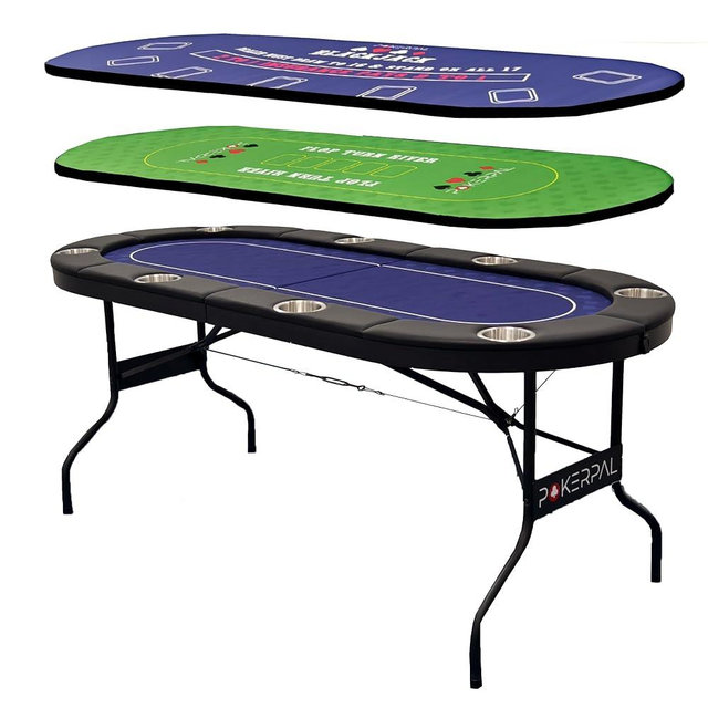 POKERPAL 8 Player Poker Table with 2 Interchangeable Game mats, Texas Holdem Poker and Blackjack, Collapsible Casino Table with Padded Rails and XXL Cup Holders for Wine and Whiskey Glasses, (71 in)