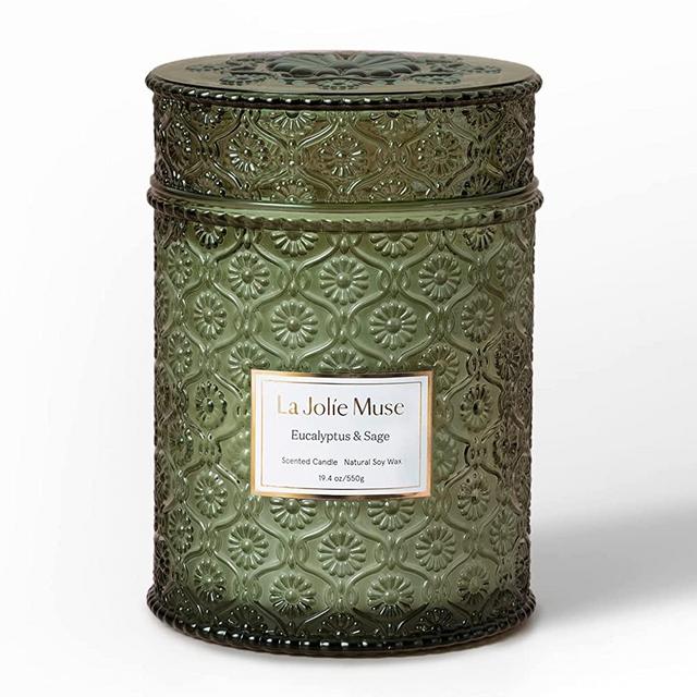 LA JOLIE MUSE Scented Candles Eucalyptus & Sage, Large Wood Wicked Candles, Decorative Candles in Glass, Natural Soy Wax, 19.4oz 90hours