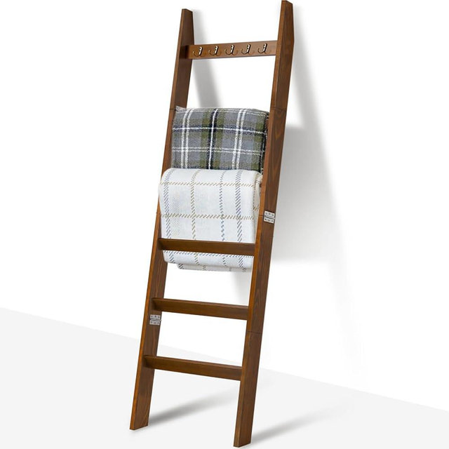 TEAKMAMA 6-Tier Blanket Ladder with Hooks, 5.4 Ft Wall Leaning Blanket Ladders for Living Room, Rustic Decorative Ladder for Blankets, Farmhouse Decor Ladder Shelf, Easy Assembly, Mahogany Finish