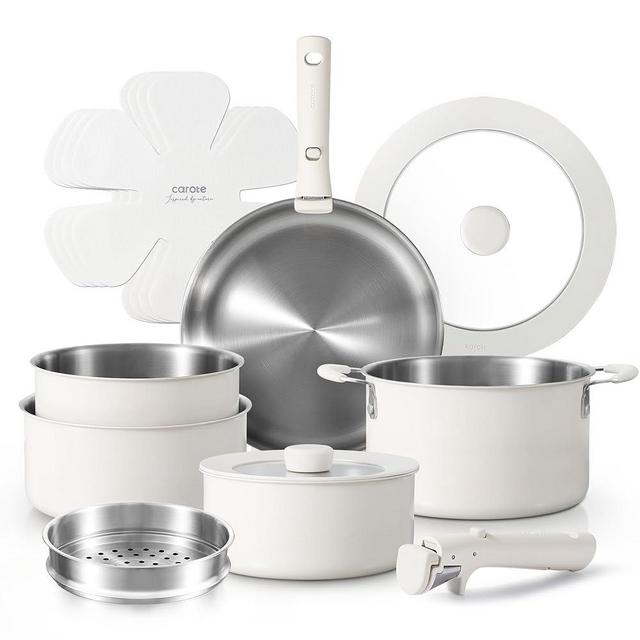 CAROTE 14pcs Pots and Pans Set, Stainless Steel Cookware Set Detachable Handle, Induction Kitchen Cookware Sets with Removable Handle, RV Cookware Set, Oven Safe, Camping Cookware, White