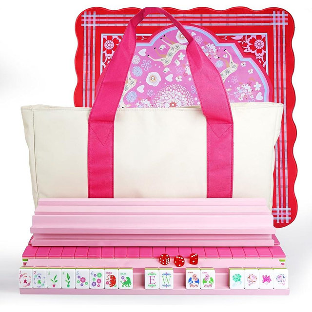 American Mahjong Game Set, Portable Carrying Bag,Acrylic 160 Tiles,Western Mahjong Tiles Set,Complete Ma Jong Set (Pink)