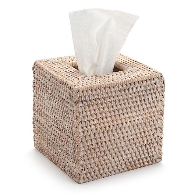 Rattan Tissue Box Cover Natural Woven Facial Napkin Holder Square (White, 5.5x5.5x5.9 Inch)