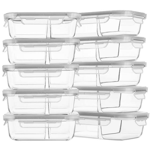 HOMBERKING 10 Pack Glass Meal Prep Containers 2 Compartment, Glass Food Storage Containers with Lids, Airtight Glass Lunch Bento Boxes, BPA-Free & Leak Proof (10 lids & 10 Containers) - Grey